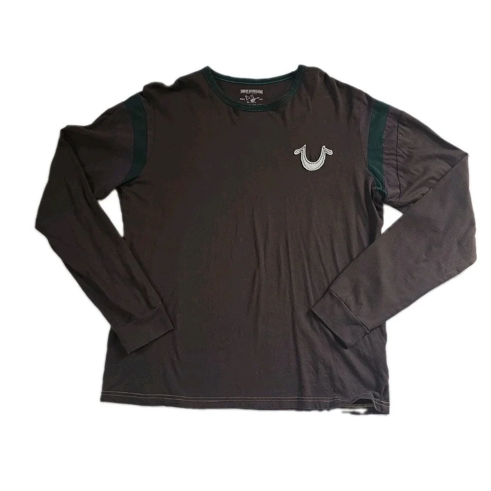 Vintage True Religion Colorblock Long Sleeve Tee Brown Green Size L Y2K